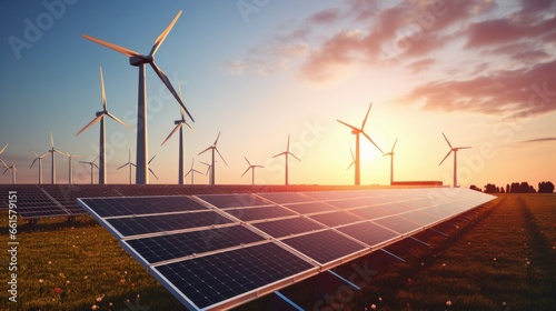 A scene featuring a solar cell plant and wind generators under a clear blue sunset sky, exemplifying a power plant equipped with photovoltaic panels and wind turbines