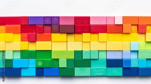 An overhead perspective of a broad collection of rainbow-colored plastic toy bricks, neatly stacked and isolated against a white background, forming a panoramic view. 