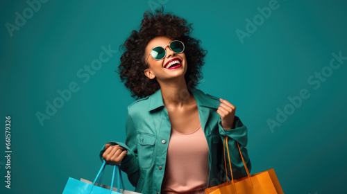 Beautiful attractive smiling woman holding shopping bags posing on blue background photo
