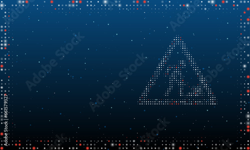 On the right is the road work symbol filled with white dots. Pointillism style. Abstract futuristic frame of dots and circles. Some dots is red. Vector illustration on blue background with stars