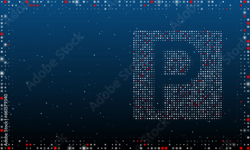On the right is the road parking symbol filled with white dots. Pointillism style. Abstract futuristic frame of dots and circles. Some dots is red. Vector illustration on blue background with stars