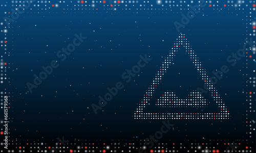 On the right is the rough road symbol filled with white dots. Pointillism style. Abstract futuristic frame of dots and circles. Some dots is red. Vector illustration on blue background with stars