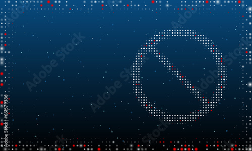 On the right is the no parking symbol filled with white dots. Pointillism style. Abstract futuristic frame of dots and circles. Some dots is red. Vector illustration on blue background with stars