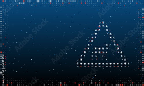 On the right is the pets road symbol filled with white dots. Pointillism style. Abstract futuristic frame of dots and circles. Some dots is red. Vector illustration on blue background with stars