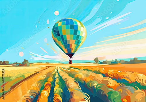 A bright hot air balloon flies over a beautiful landscape with plowed fields and forests on the horizon. The concept of motivation and inspiration for an active summer holiday. Illustration for design