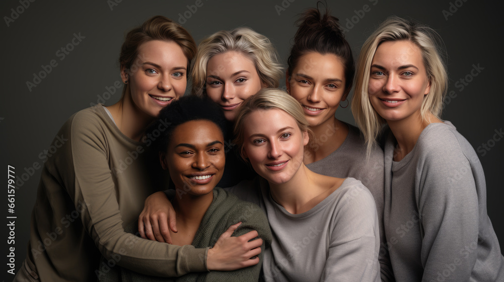 Fototapeta premium Cheerful women of different nationalities and ages standing together in studio