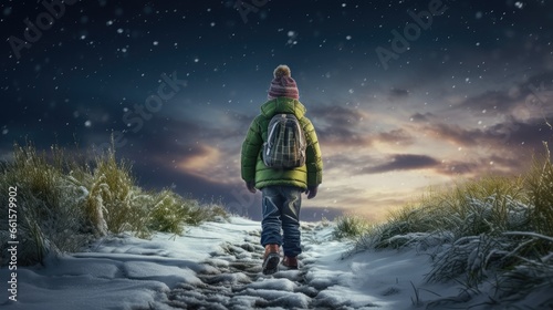 Exploring the winter wonderland, a little girl in a green jacket leaves her footprints in the snowy landscape