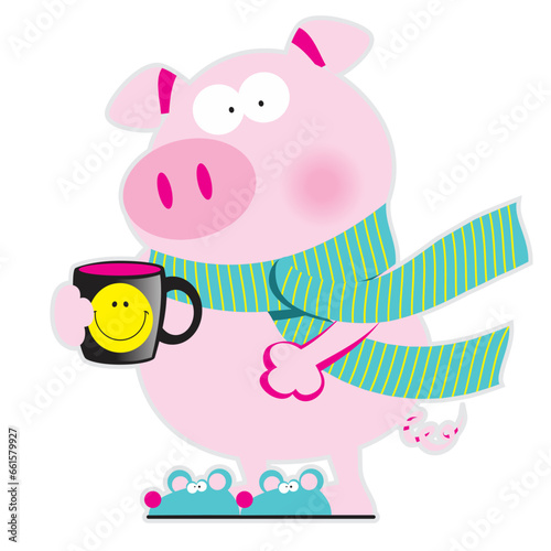 Very sleepy pig with a cup of hot coffee. Vector illustration.Isolated on transparent background. Excellent for the design of postcards, posters, stickers etc.