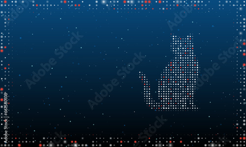 On the right is the cat symbol filled with white dots. Pointillism style. Abstract futuristic frame of dots and circles. Some dots is red. Vector illustration on blue background with stars