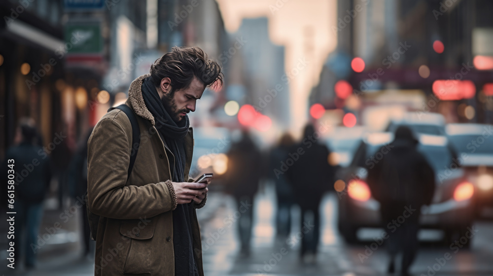 Tired, depressed man on a city street.