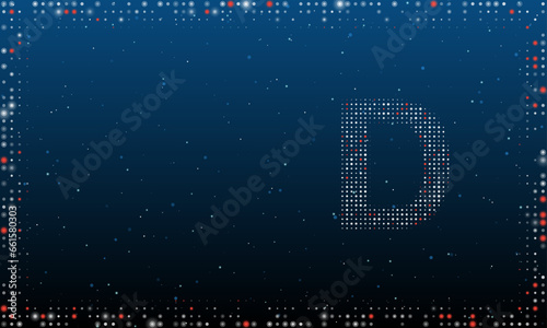 On the right is the capital letter D symbol filled with white dots. Abstract futuristic frame of dots and circles. Vector illustration on blue background with stars