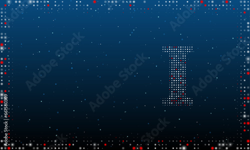 On the right is the capital letter I symbol filled with white dots. Abstract futuristic frame of dots and circles. Vector illustration on blue background with stars