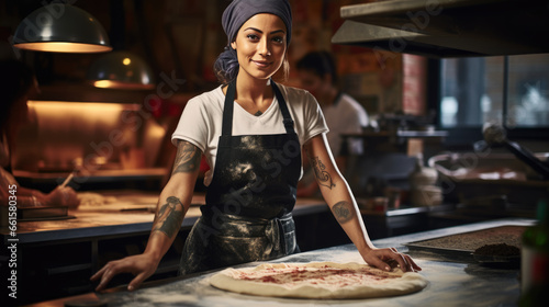 Female chef makes pizza in a restaurant.