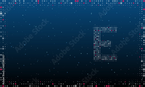 On the right is the capital letter E symbol filled with white dots. Abstract futuristic frame of dots and circles. Vector illustration on blue background with stars