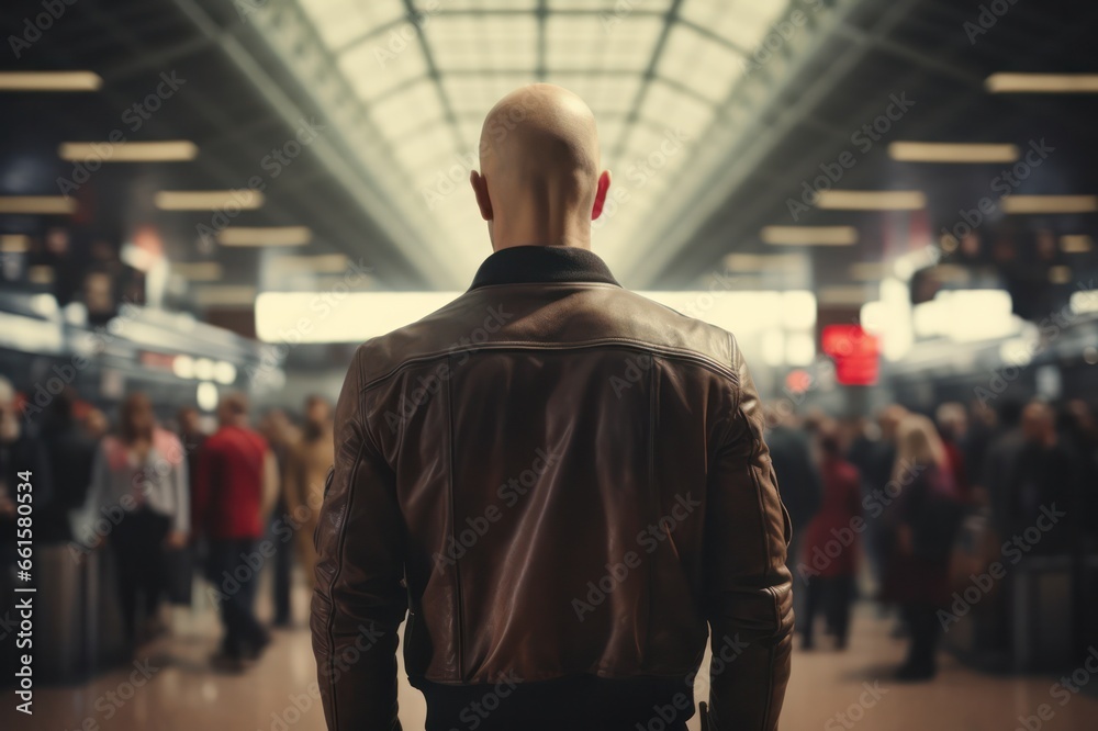 bald man from behind at the airport. Hair transplant beauty industry. Medical tourism.