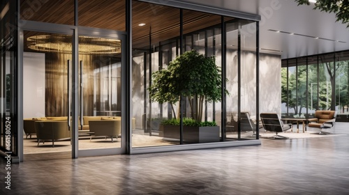 Experience the sophistication of a modern office  Enter through the grand glass door to a contemporary reception hall
