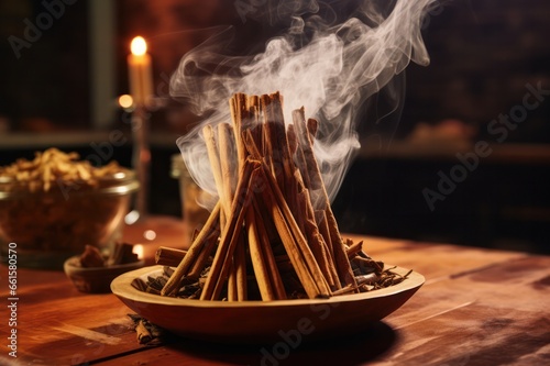 burning palo Santo wood, incense or cinnamon at home interior closeup