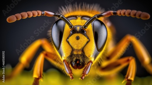 Close-up of a wasp's head with antennae antennae, large eyes and legs looking into the camera. Nature background. Illustration for cover, card, postcard, interior design, decor or print. © Login