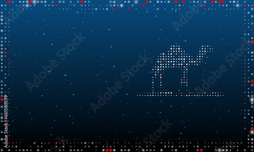 On the right is the wild camel symbol filled with white dots. Pointillism style. Abstract futuristic frame of dots and circles. Some dots is red. Vector illustration on blue background with stars