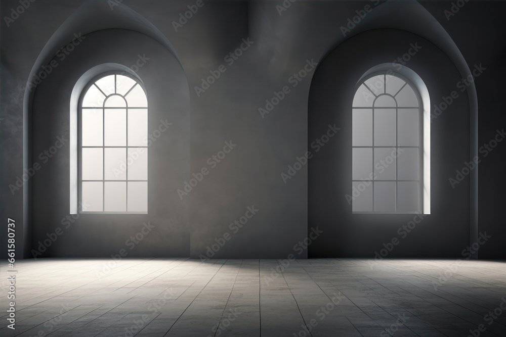 Interior of an empty room with two windows.