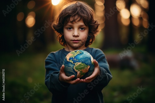 kid holding a globe ball in his hands. Future of Erath in hands of younger generation concept. Environment and climate change issues.