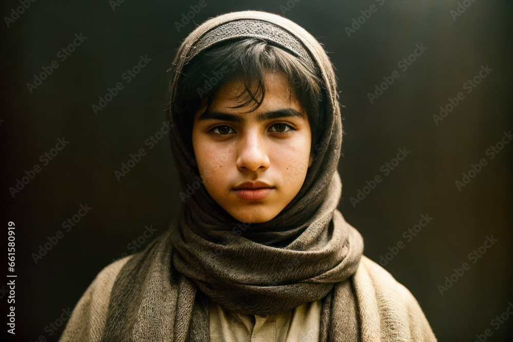 Portrait of the of the very young Middle Eastern boy wearing keffiyeh, traditional clothing. Concept of active age Portrait of the of the very young Middle Eastern boy wearing keffiyeh, traditional clothing. Concept of active age