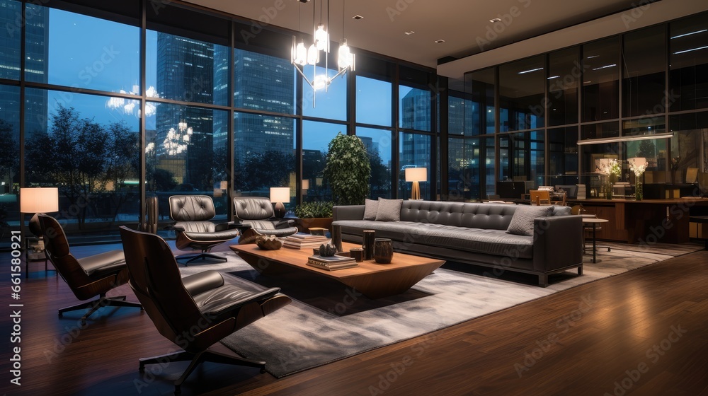 Experience the sophistication of a modern office: Enter through the grand glass door to a contemporary reception hall Experience the sophistication of a modern office: Enter through the grand glass door to a contemporary reception hall