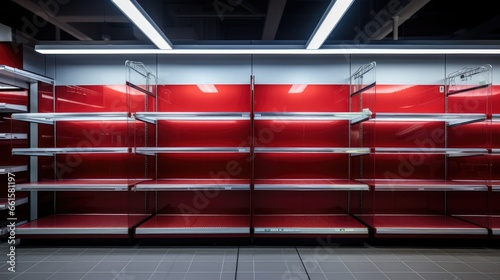 A sight to behold for the shopper's dismay: Empty shelves in a retail store awaiting restocking photo