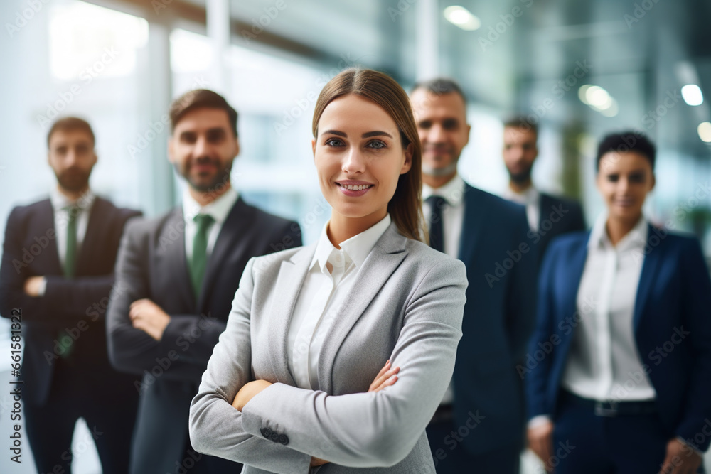 Businesspeople standing while looking at camera with the team in an office