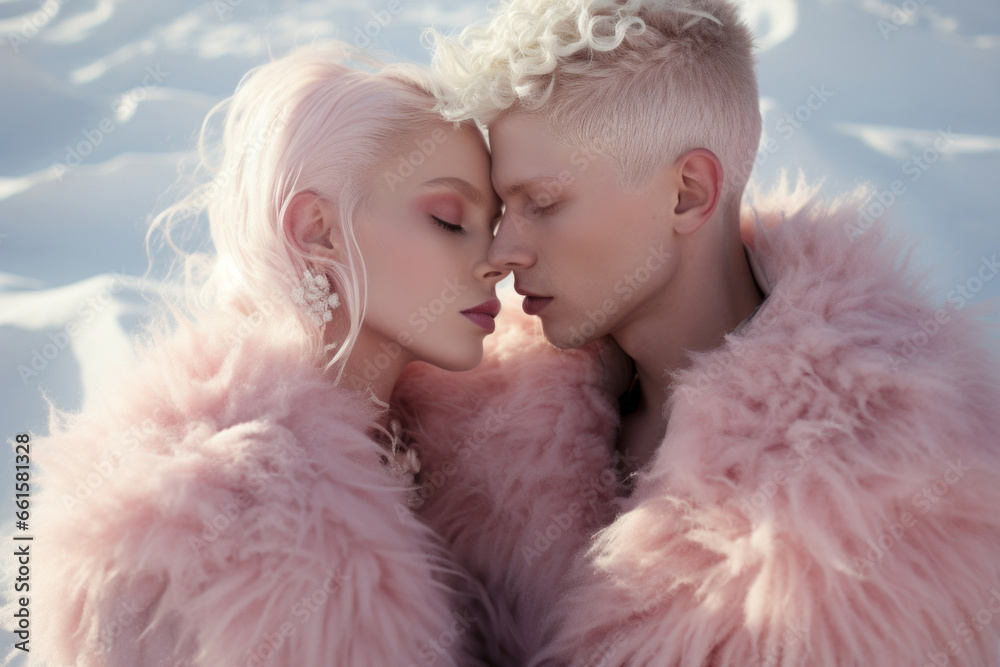 Portrait of a beautiful couple in a pink winter fur jacket. Pastel desert, fresh winter morning. Alien world on another planet. Glitter make up, pale skin,  surreal landscape. Love kiss relationship.
