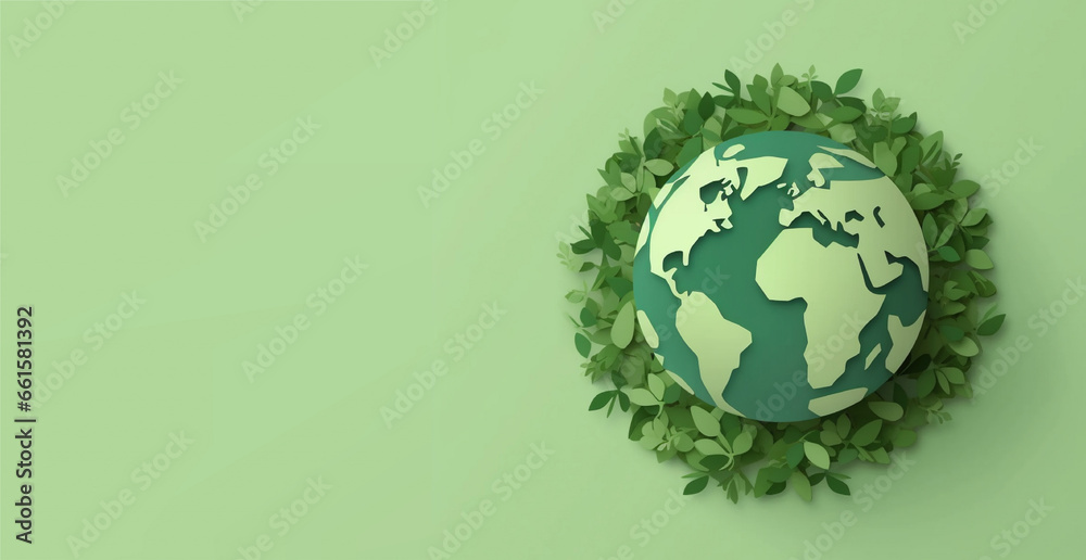 Green planet Earth banner. Globe in green leaves. Saving the Earth. Ecology concept
