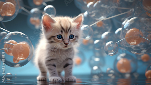 Small cat in molecular scail, scientific art concept, wallpaper, background, presentation photo