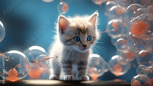 Small cat in molecular scail, scientific art concept, wallpaper, background, presentation photo