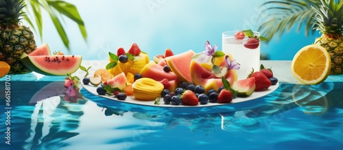 Floating breakfast with healthy and exotic food by a tranquil resort pool embracing the tropical beach lifestyle