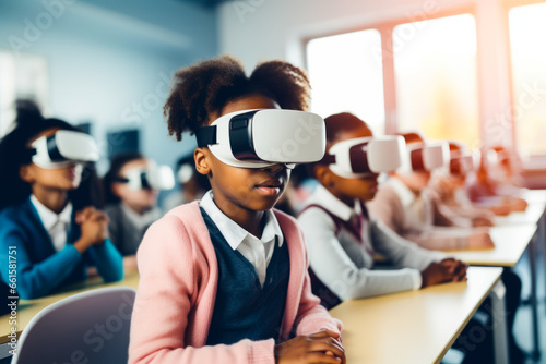 Group of children wearing virtual glasses in classroom setting.