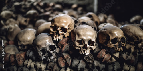 human skulls and bones of people killed in war in crypt burial in cemetery.