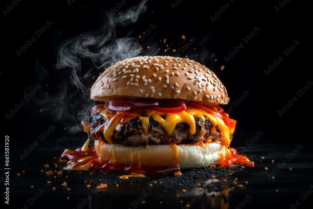 Fiery burger with chili on black background. Generative AI - obrazy, fototapety, plakaty 