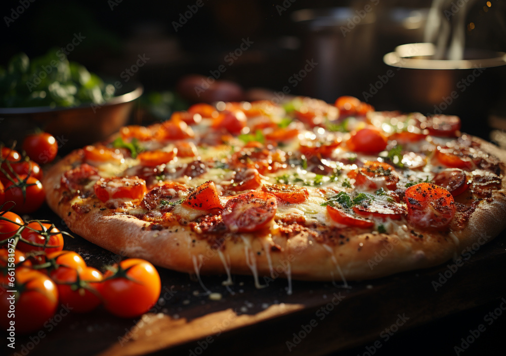 Establishing shot of italian Pizza fresh from a, generative ai