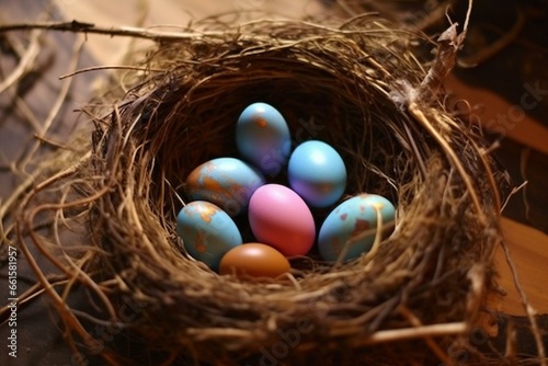 nest with colorful eggs. Generative AI