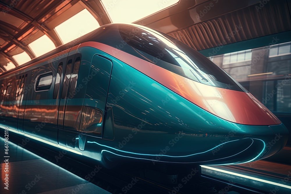 Futuristic high-speed express passenger train. Logistics of the future, modern technologies. Railroad travel concept