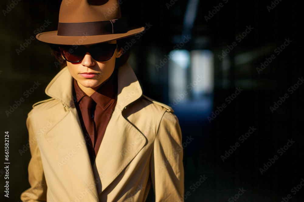 Mysterious woman in sunglasses and trench coat in dimly lit alleyway.