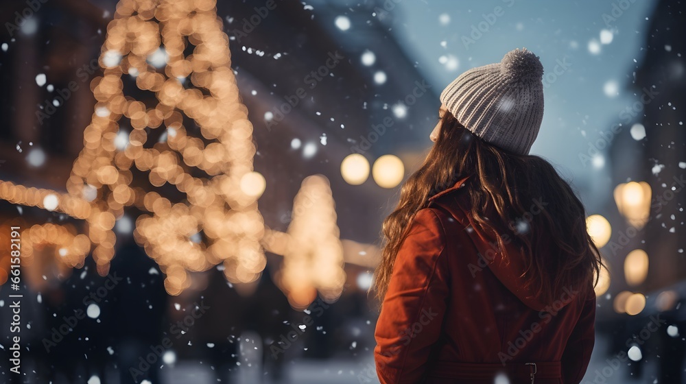 portrait of a beautiful girl against the background of a Christmas decorated city in Europe, city lights and garlands, bokeh, New Year, Christmas and holiday concept portrait of a beautiful girl against the background of a Christmas decorated city in Europe, city lights and garlands, bokeh, New Year, Christmas and holiday concept