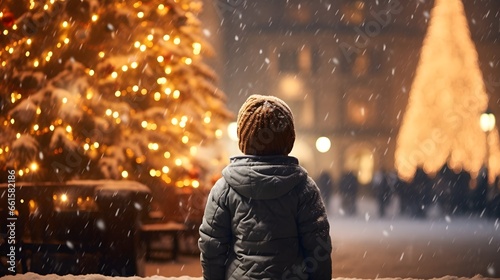 a girl is looking into Christmas decorated shop windows, the city, New Year's lights and garlands of the city, celebrating Christmas