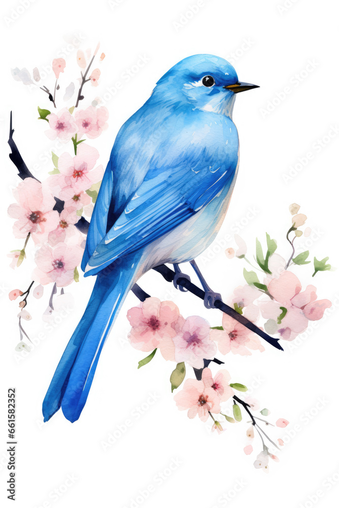 Bluebird on a cherry blossom branch isolated on a white background watercolor style Bluebird on a cherry blossom branch isolated on a white background watercolor style