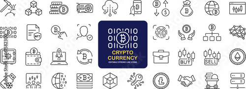 Cryptocurrency set of web icons in line style. Crypto technology and Blockchain icons for web and mobile app. Crypto currency, bitcoin, NFT, technology, decentralized finance, encryption, token