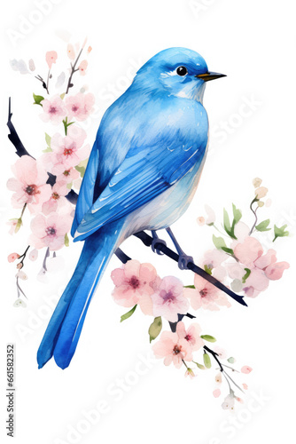 Bluebird on a cherry blossom branch isolated on a white background watercolor style