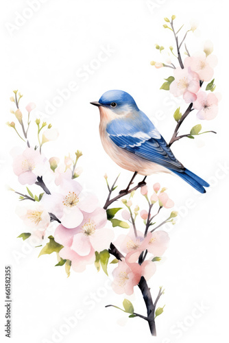 Bluebird on a cherry blossom branch isolated on a white background watercolor style © gridspot