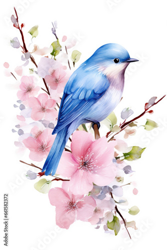 Bluebird on a cherry blossom branch isolated on a white background watercolor style