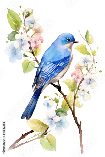 Bluebird on a cherry blossom branch isolated on a white background watercolor style
