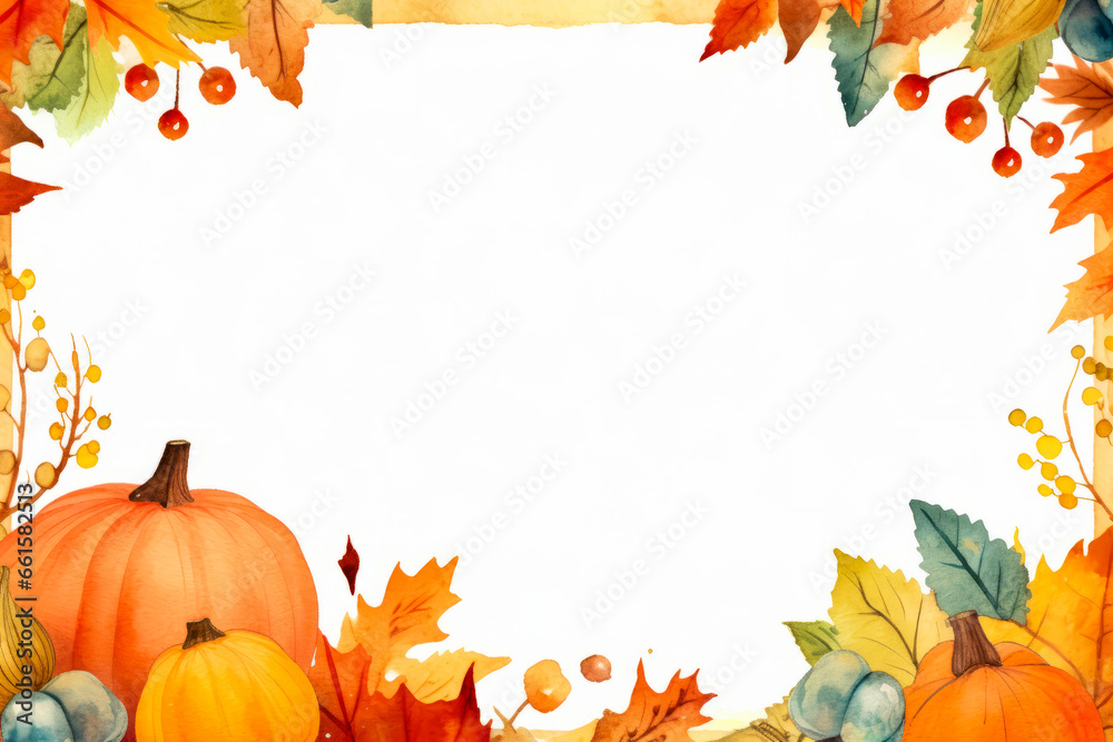 Fototapeta premium Watercolor painting of pumpkin and leaves with white background.